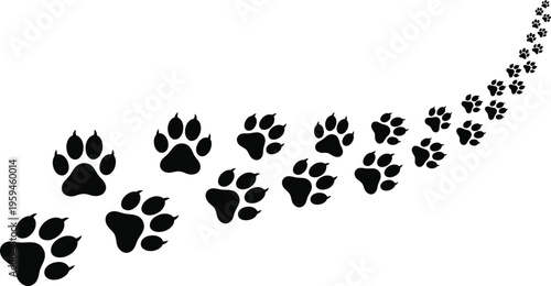 Animal paw prints trail, dog and cat footprints path, pet track silhouette vector illustration