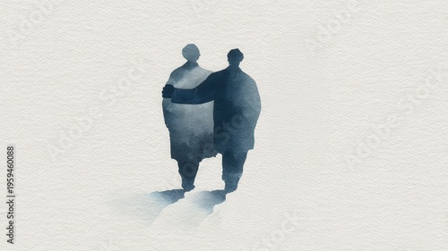 Minimalist watercolor painting of two figures in a close embrace. Illustrating themes of human support connection, unity