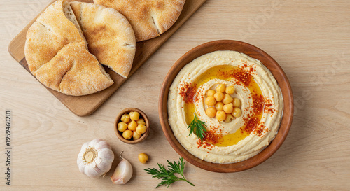 top view of delicious hummus with chickpeas in bowl near fresh baked pita, garlic on beige wooden