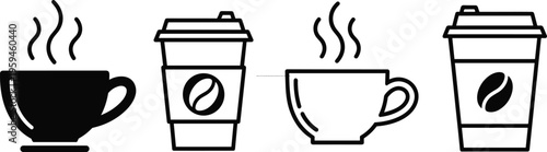 Coffee cup icon set, hot drink symbols, takeaway coffee mugs, cafe beverage vector collection, outline and solid style