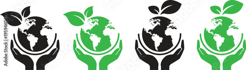 Eco world care concept illustration featuring a globe held gently in protective hands with leaves growing on top.