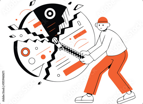 Man unzipping and breaking apart a complex data pie chart for analysis and problem-solving.