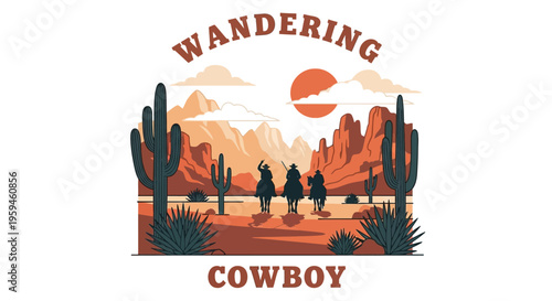 Vintage Wandering Cowboy Vector Illustration with Desert Landscape, Saguaro Cactus, Mountains, and Horse Riders at Sunset