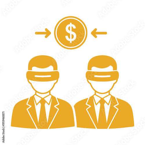 Two businessmen exchanging money with vr headsets symbolizing virtual financial transactions in a modern business setting with yellow illustration
