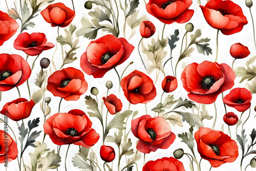 Bold red poppy flowers in a repeating watercolor design for fabric and textile.