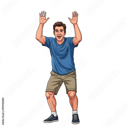 Happy young man celebrating with arms raised in cartoon style  