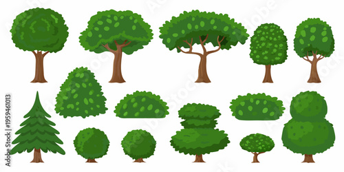 Collection of cartoon trees in varying shapes and shades of green