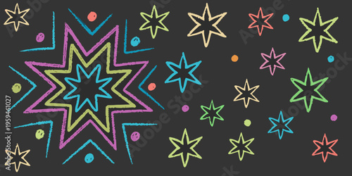 Colorful chalk drawing of various stars and geometric shapes on black