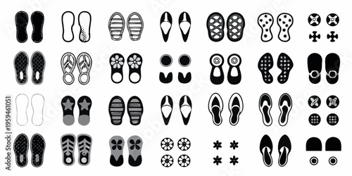 Collection of diverse footwear outlines and footprints in black and white