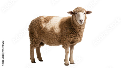 Domestic sheep standing confidently, looking at camera with thick brown and white wool