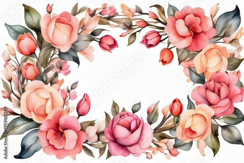 Exquisite watercolor flower arrangement with blooming roses and magnolias in a clean, modern style.