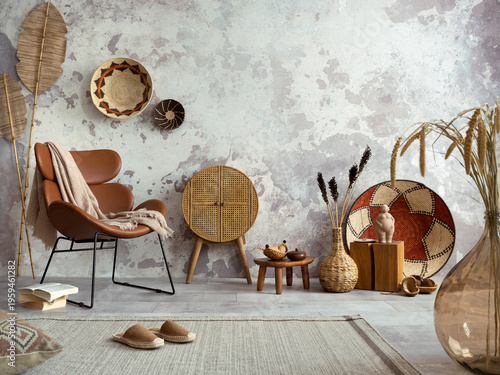 Interior design of ethnic living room interior with design leather brown armchair, colorful baskets.