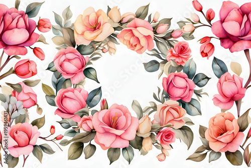 Delicate hand-painted floral border with roses and magnolias in a soft watercolor style.