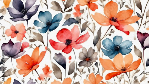 Minimalist seamless pattern of abstract watercolor wildflower petals with artistic splashes.