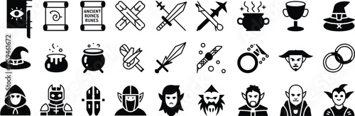 Collection of black and white fantasy and medieval including wizards, warriors, and magical