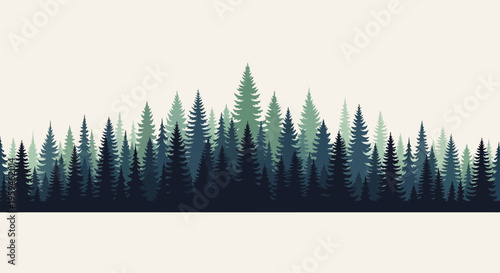 Minimalist Pine Forest Silhouette Landscape, Vector Illustration of Evergreen Fir Trees, Modern Nature Background for Banner or Web Header