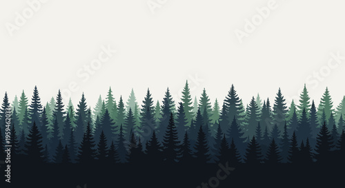 Minimalist Evergreen Pine Forest Silhouette Landscape Illustration on White Background