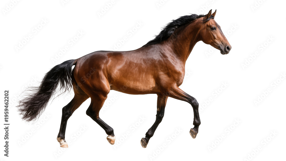 Fototapeta premium Magnificent bay horse with dark mane and tail in dynamic trot, powerful and elegant