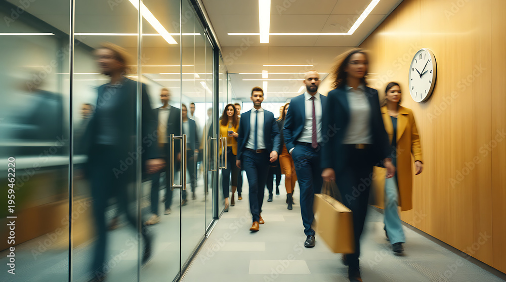 Fototapeta premium A diverse group of professionals walks down a modern office hallway with glass walls and wood paneling.