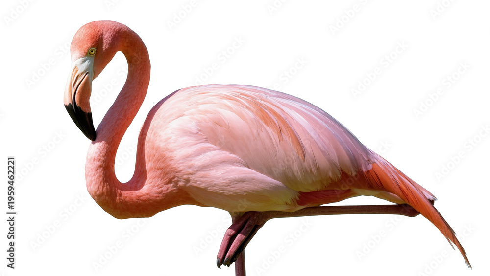 Fototapeta premium A vibrant pink flamingo with its elegant long neck and distinctive beak stands gracefully