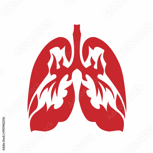 Stylized Red Human Lungs Medical Logo with Tribal Flame Motif