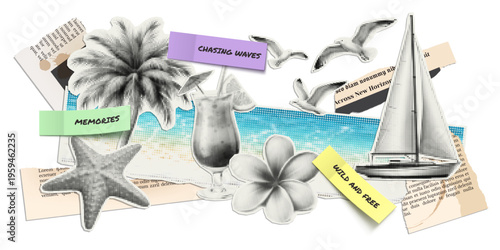 Vector summer and ocean illustrations cut out from magazines, scraps of old newspapers and stickers with quotes. Trendy retro elements with a halftone effect for collage, poster, banner, cover design.