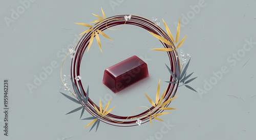 Japanese Decorative Style, Elegant circular frame (enso style) of a delicate yokan jelly dessert, featuring graceful bamboo leaves, in a rich palette of deep burgundy, gold, slate grey