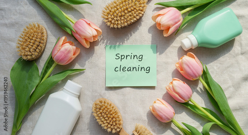top view of spring tulips and green cleaning supplies near spring cleaning card on white background