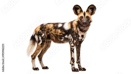 Photography Striking African wild dog with large round ears and unique spotted coat looking forward