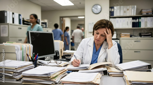 Stressed woman doctor working at desk overwhelmed with medical paperwork. Tired physician reviewing patient records in hospital office. Healthcare professional burnout and heavy workload.