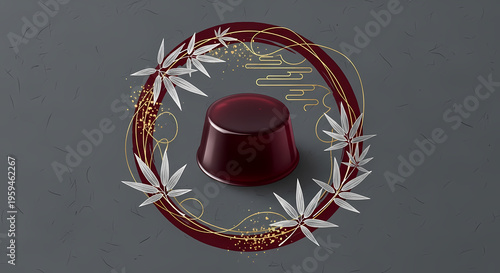 Japanese Decorative Style, Elegant circular frame (enso style) of a delicate yokan jelly dessert, featuring graceful bamboo leaves, in a rich palette of deep burgundy, gold, slate grey