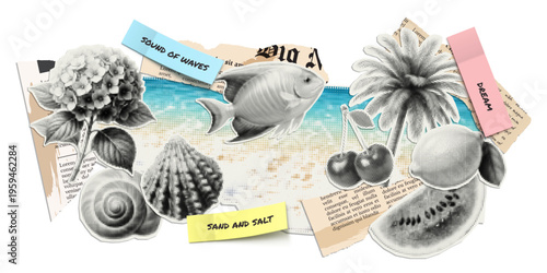Vector summer and ocean illustrations cut out from magazines, scraps of old newspapers and stickers with quotes. Trendy retro elements with a halftone effect for collage, poster, banner, cover design.