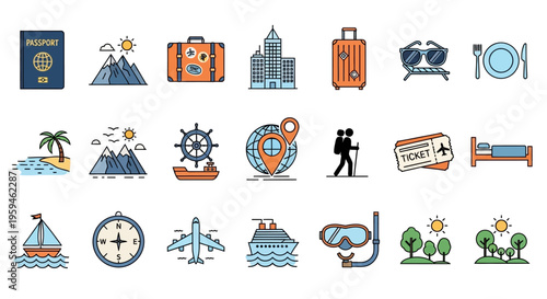Set of Travel and Tourism Icons for Vacation Planning and Global Adventure with Plane, Passport, Suitcase, and Compass Flat Vector Illustrations