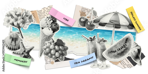 Vector summer and ocean illustrations cut out from magazines, scraps of old newspapers and stickers with quotes. Trendy retro elements with a halftone effect for collage, poster, banner, cover design.