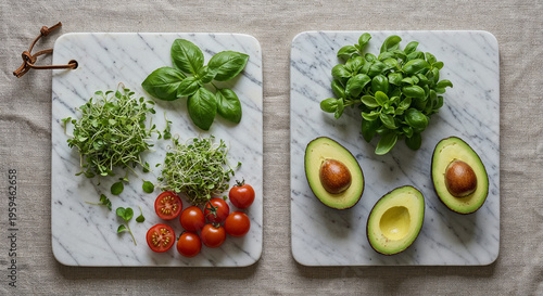 Top view of cutting boards with basil leaves, microgreens, cherry tomato and avocado halves with