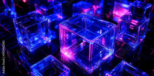 abstract futuristic glowing blue and purple cubes background,.
