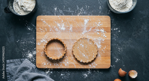 Top view of brown wooden cutting boards on dark surface