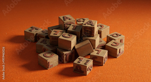 top view of wooden blocks with letters on orange surface