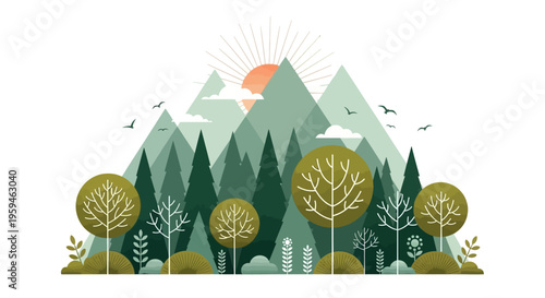 Minimalist flat vector illustration of a mountain forest landscape with rising sun and birds