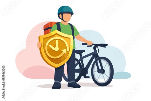 Delivery Person Holding Shield with Clock Icon Next to Bicycle.