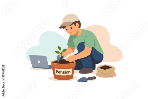 Man planting seedling in pot labeled pension with laptop nearby.