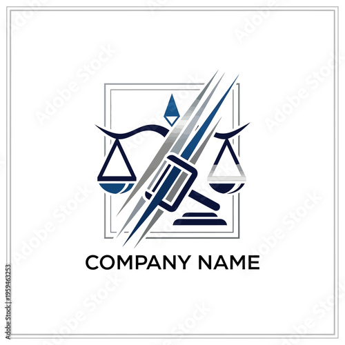 Dynamic scales of justice and stylized gavel logo, modern legal services concept on isolated white background.