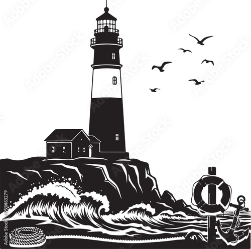 Silhouette of a lighthouse on a rocky coastline with seagulls, Generative Ai