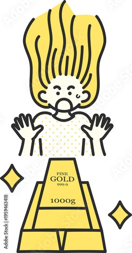 ゴールドバーを見て驚きの表情の女性のイラスト