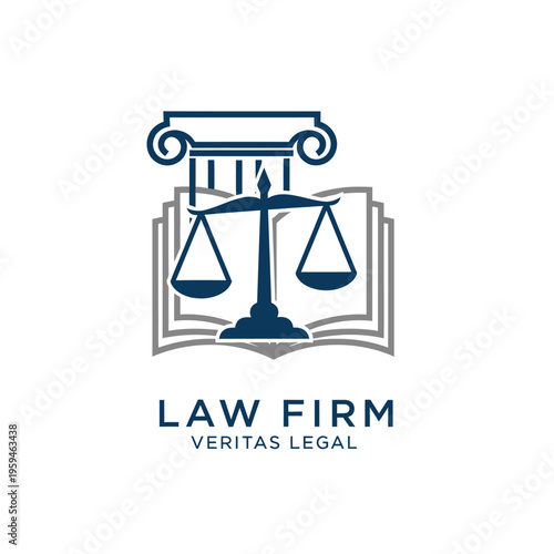 Open book, legal scales, and classical column law firm logo design, representing knowledge and justice on isolated white background.