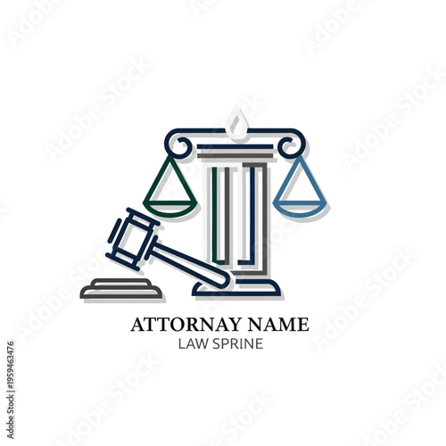 Legal scales, gavel, and classical column law firm logo design, justice and attorney concept on isolated white background.