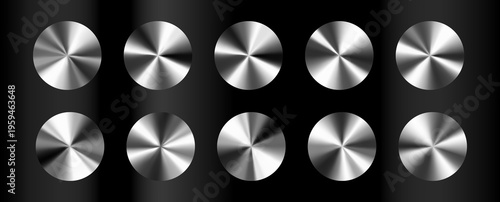 Set of 10 silver metallic mesh gradients. Chrome, steel and platinum conical circular textures for UI buttons, luxury logos and industrial tech design elements.