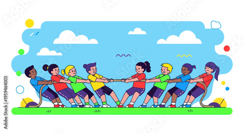 Diverse kids playing tug-of-war outdoors on a sunny day, teamwork and competition concept