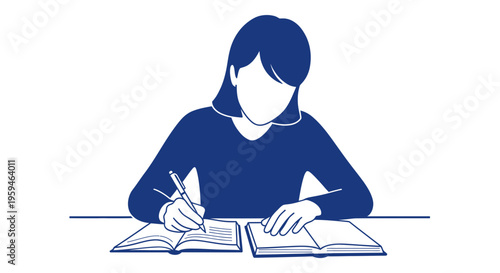 Young woman studying at a desk with open books, writing notes