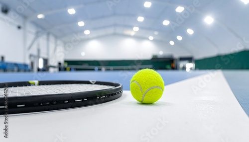 A tennis racket and ball rest on the edge of an indoor court, symbolizing training, focus, and the energy of athletic performance.